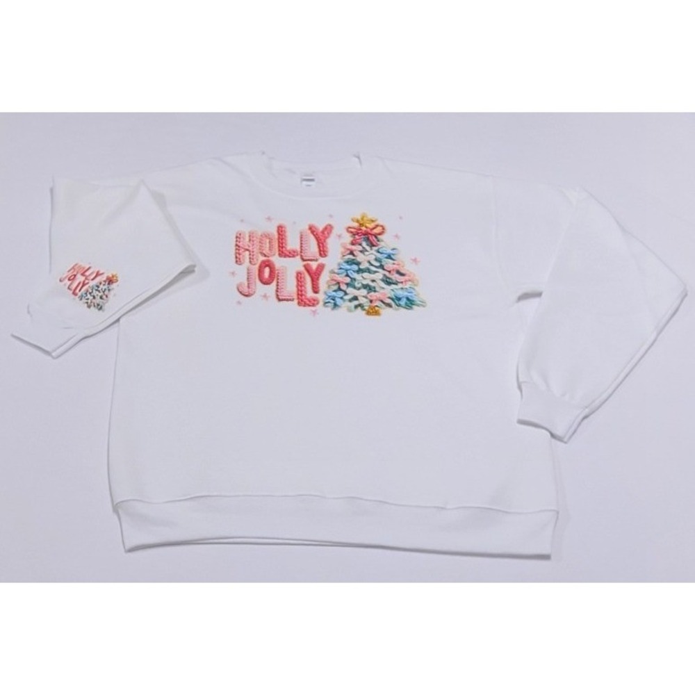 White Holly Jolly Christmas Tree Bows Graphic Sweatshirt Medium